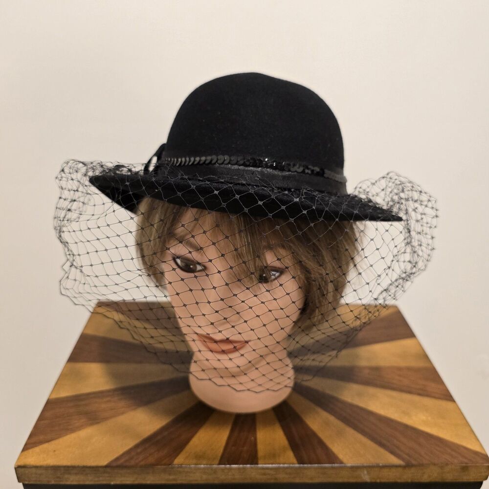 True Vintage Lancaster Black Wool Felt Hat Face Netting USA Black Sequin Classy